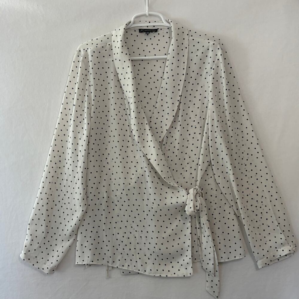 Adrianna Papell Wrap Blouse Womens XL White Black Polka Dots V-Neck Long Sleeve - Picture 2 of 7
